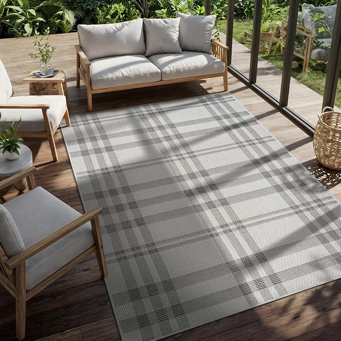 CAMILSON Easy Jute Rug 5x7, Indoor Outdoor Off-White Color Fiber Area Rugs for Living Room Patio and Kitchen Rug Checkred Boho Woven Design, Easy-Cleaning, Washable Outside Carpet (5 x 7)