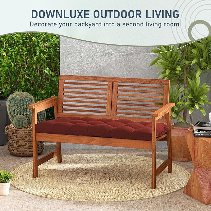 downluxe Outdoor Bench Cushion for Patio Furniture, Water Resistant Tufted Overstuffed Porch Swing Cushions, Thick Outdoor Loveseat Cushions, 44" X 19" X 5", Brick Red, Set of 1