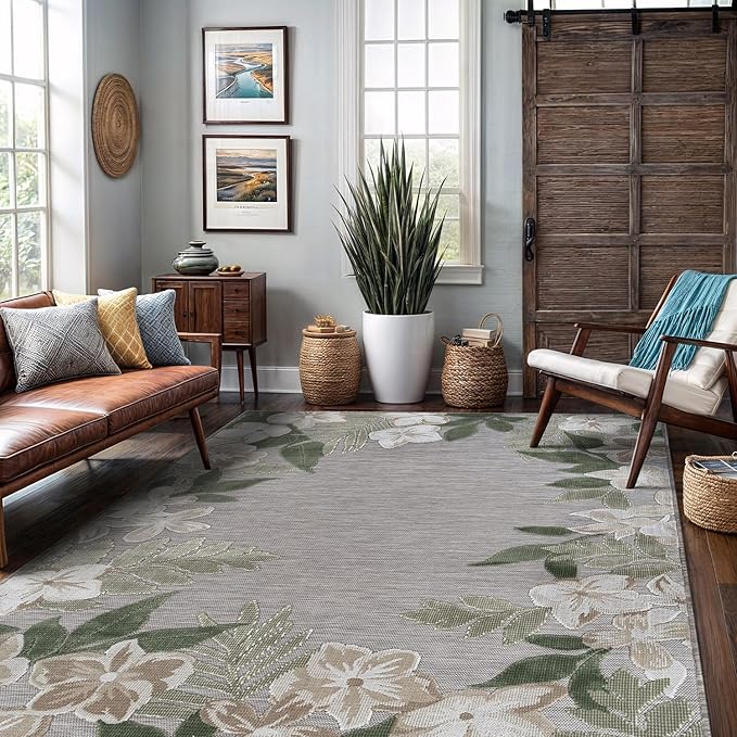 Outdoor Rug 5x7 Washable Area Rugs Indoor Outdoor Carpets Green Border Floral Non Shedding Waterproof Easy Clean Patio Deck Porch Living Room Bedroom Garden RV (5 X 7 Green)