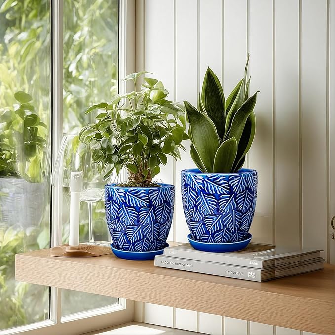EFISPSS 6 Inch Plant Pots, Ceramic Plant Pots with Drainage Hole and Saucer, Indoor/Outdoor Flower Pots, Set of 2 - Blue