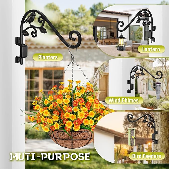 Plant Hangers Outdoor, 4 Pack 15.15 inch Swivel Plant Hangers Indoor Wall Mount Sturdy Wrought Iron Plant Wall Hanger, Wall Plant Hanger Indoor for Bird Feeders, Planters, Lanterns, Wind Chime, Black