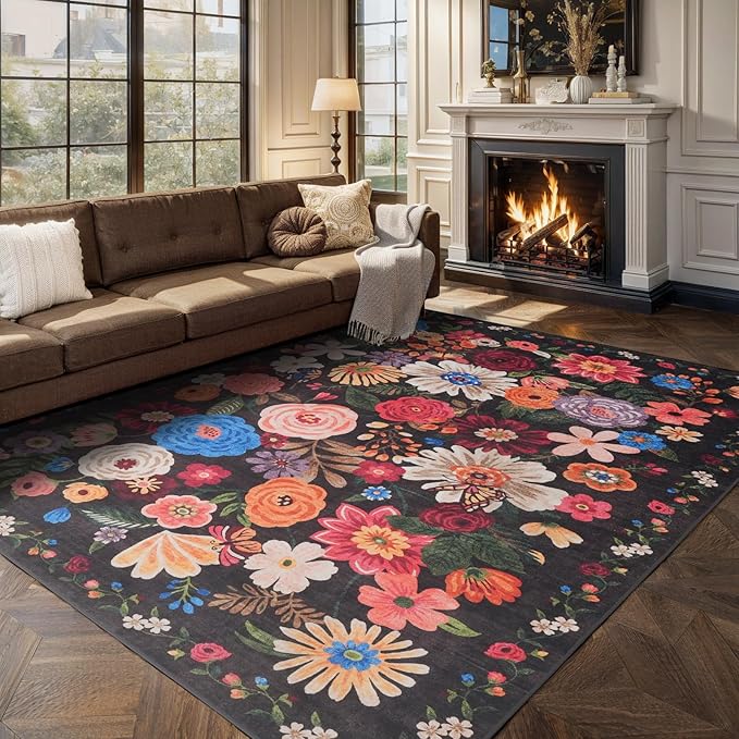Black Area Rugs 9x12 Living Room Washable Rug Non Slip Floral Low Pile Large Rug for Living Room, Bedroom, Farmhouse, Dining Room, Kids Playroom(9 x 12, Black Garden)