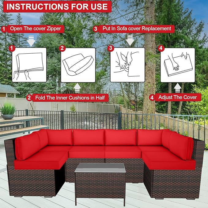 14 Piece Outdoor Patio Cushion Cover Replacement, Waterproof Patio Cushion Covers, Outdoor Furniture Cushion Covers Set for 6 Seat Wicker Rattan Sofa (Red)