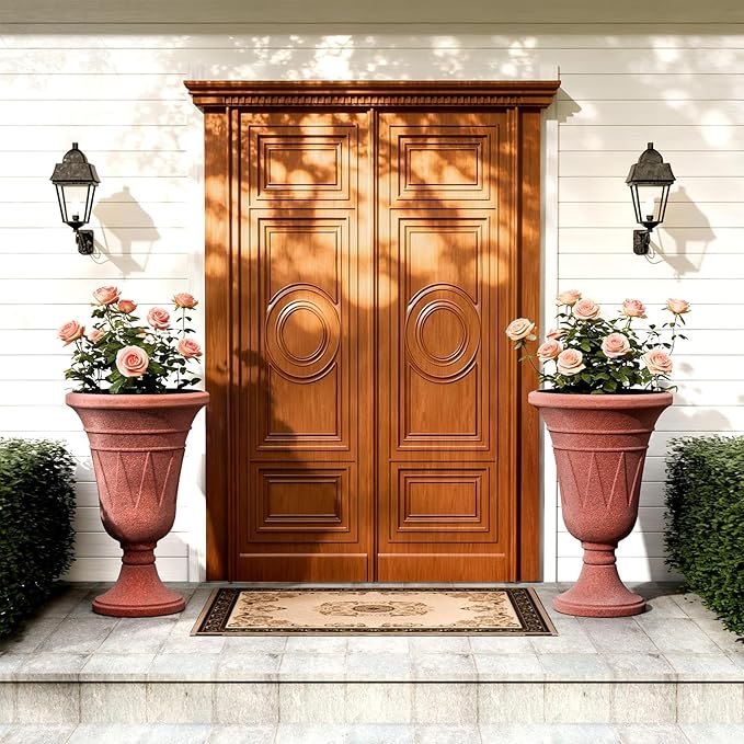 23.6" Tall Plastic Urn Planters for Outdoor Plants with Drainage Holes & Trophy Design, Set of 2 Sturdy Base Classic Indoor Large Flower Pots, Outdoor Planters for Porch/Home, Brick Red/Brown