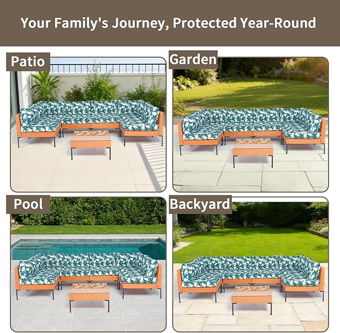 14Piece Outdoor Sofa Cushion Replacement, Patio Furniture Waterproof Cushion with Zippers, fit 6-Seat Outdoor Wicker Rattan Sectional Couch (Palm Leaf, 24.8"x24.8"x3.15")