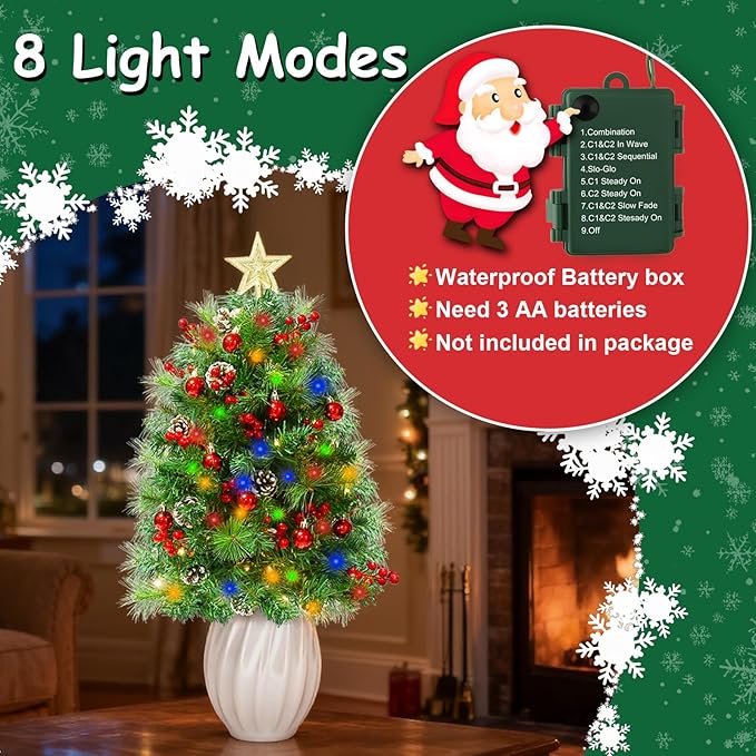 JOYHALO 2 Pack 32 Inch Outdoor Porch Christmas Tree with 50 Lights in Warm White and Multicolor, Prelit Artificial Christmas Tree Urn Filler with PVC&PET Branches for Pathway Entryway Decorations