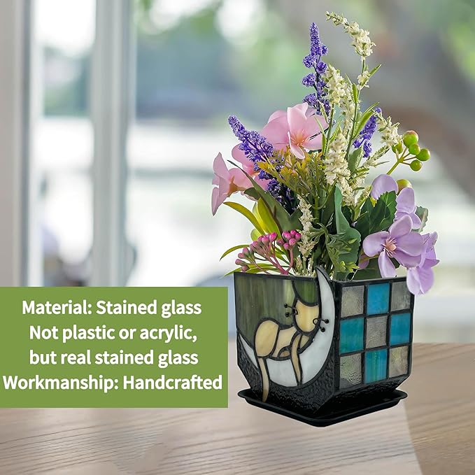 Tiffany Stained Glass Fun Moon Sleeping Cat Planter,Cactus Planter,Cute Planters for Indoor Plants,Decorative Flower Pots As Gifts for Cat Lovers,4.6x3x5.15 in