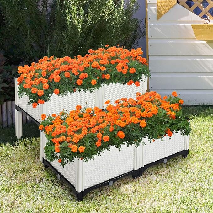 Giantex Raised Garden Bed, Set of 4 Planter Raised Beds Kits with Drain Holes for Fruit Flowers Vegetables, Outdoor Elevated Planting Box for Lawn Patio Balcony, Easy Assembly, Rattan-Like Look, White