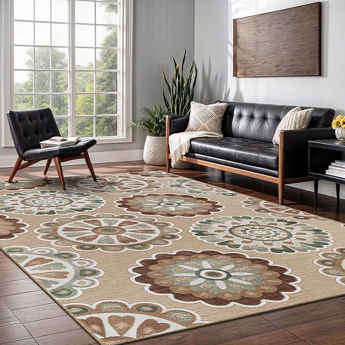 Outdoor Rug 6x9 Washable Area Rugs Indoor Outdoor Carpets Beige Bohemian Medallion Non Shedding Waterproof Easy Clean Patio Deck Porch Living Room Bedroom Garden RV (6 X 9 Beige)