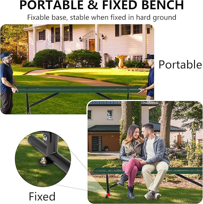 8 Feet Heavy Duty Metal Park Bench for Outside, Outdoor Bench with Portable Frame, Commercial Benches for Shopping Mall, Store, Park, Patio, Deck, Green