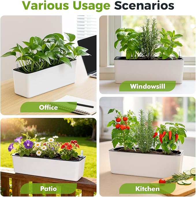 2 Pack Rectangular Planter 15.6 x 5.4 in Self Watering Planter Window Sill Planters Indoor Rectangle Plant Pot Self Watering Pots Plastic Plant pots with Drainage Holes Black Flower Pot