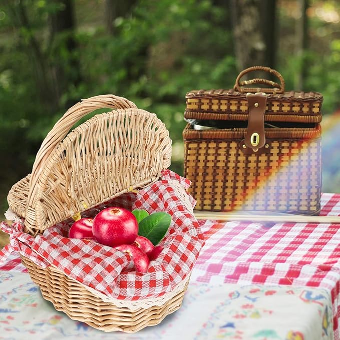 Toyvian Rattan Picnic Basket with Lid Small Wicker Lunch Basket Oval Outdoor Storage for Picnic and Garden Use 10.2X7X6 Inches