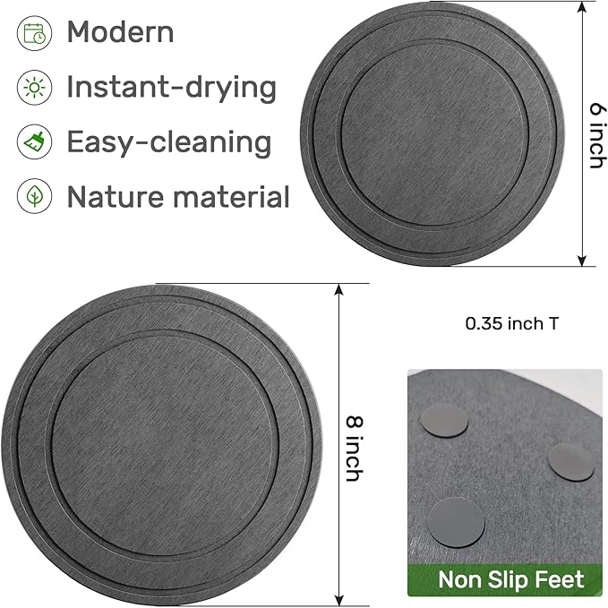 Diatomaceous Earth Plant Saucer for Indoor, 2 Pack 6 inch, Instant Dry Pot Saucer, Plant Drip & Drainage Tray for Indoor, Stone Gray