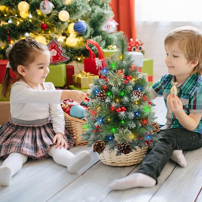 2 Pack Pre-lit Christmas Tree, Battery Operated with Timer, Multi-Color & Warm White Changing LED Lights, 27 inch Artificial Christmas Tree for Outdoor Porch, Urn Filler, Home Xmas Decorations