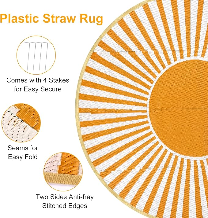 Anidaroel Round Outdoor Rugs 6ft for Patios Clearance, Waterproof Reversible Plastic Straw Patio Rug, Outside Area Rug Floor Mat for Backyard, Porch, Balcony, Pool Deck, RV Camping, Picnic(Orange,6ft)