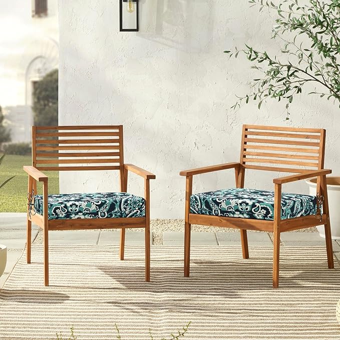 downluxe Outdoor Chair Cushions Set of 4 for Patio Furniture, Water-Resistant Square Corner Patio Chair Cushions with Ties, High Density Foam Outdoor Seat Cushion, 18.5" X 16" X 3", Green Paramecium