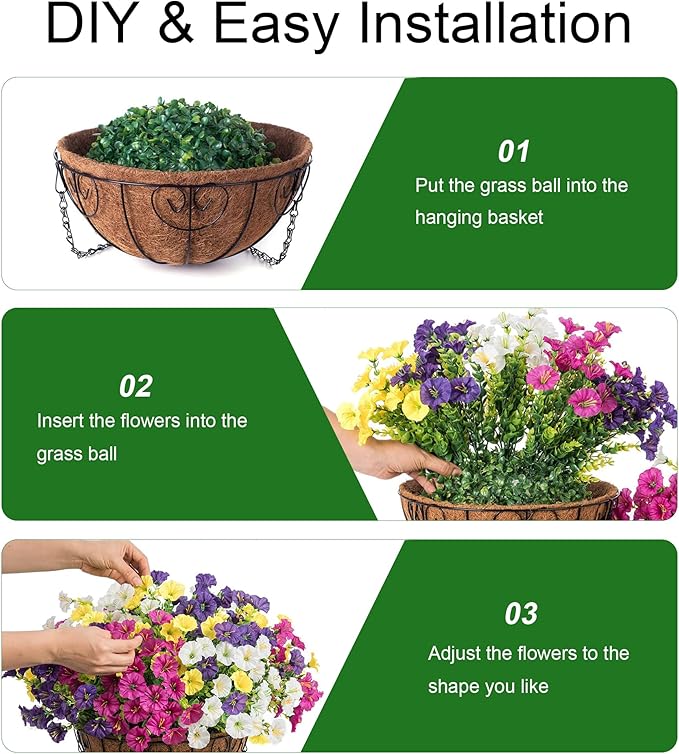 2 Set Artificial Fake Hanging Flowers Plants Baskets for Outdoors Spring Outside Decor , UV Resistant 24 Pcs Faux Silk Morning Glory with 2 Outdoor Hanging Planters Look Real for Porch Patio Balcony