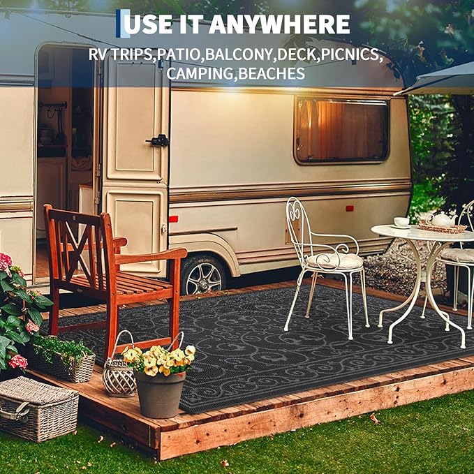 MilleLoomi Waterproof Plastic Straw Outdoor Rug 9x18 Patio Reversible UV Resistant Foldable Camping Carpet Vintage Large Outdoor Rugs for Deck, Picnic, Porch, Camper, Balcony, Beach,Black Grey