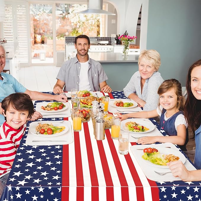 3 Pieces Patriotic Stars and Stripes Tablecloth - 54x108" Disposable Red White Blue American Flag Plastic Table Cover for 4th of July, Memorial Day, Veterans Day and USA-Themed Party Decorations