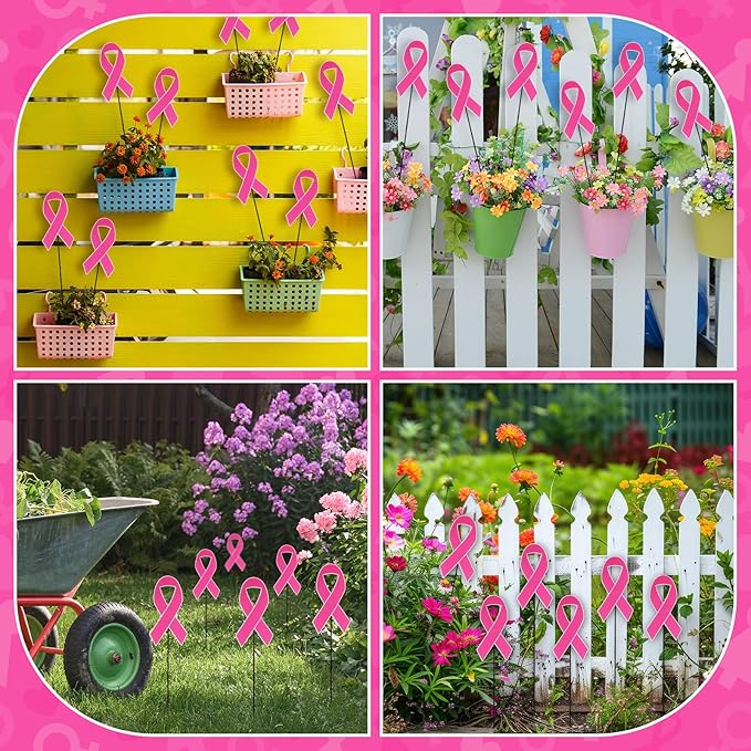 Pickmesh 6 Pcs 12" Breast Cancer Awareness Barn Metal Garden Stake Pink Ribbon Yard Sign Yard Stake for Breast Cancer Awareness Planter Pot Walkway Pathway Outdoor Decor Lawn Decoration