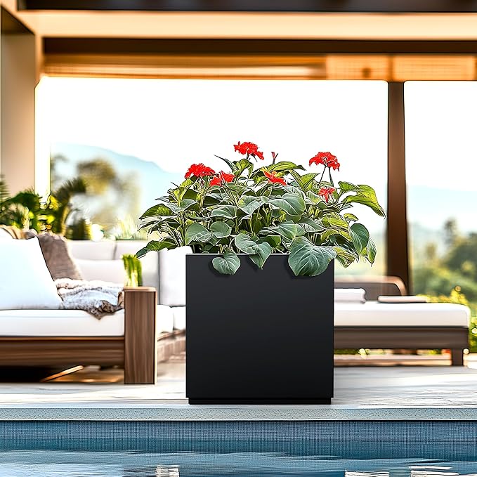 Large Metal Planter for Indoor & Outdoor, Square Planter Boxes with Drainage Holes, Tall Divider Planter Box All-Weather Use for Plants, Flowers, 17" L x 17" W x 18" H, Black