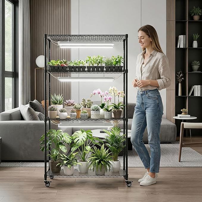 Plant Stand with Grow Lights, 4-Tier Plant Shelf, 6 Sets 3-Color LED Grow Light with Timer, Wide Plant Rack for Indoor Gardening, Seed Starting, Herbs & Flowers, 36" W x 14" D x 63" H