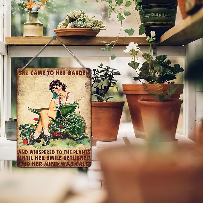 PEACHGARDEN Garden Metal Tin Sign She Came to Her Garden and Whispered To The Plants Vintage Tin Sign for Patio Porch Home Women Cave and Yard Wall Decor 12x16inch