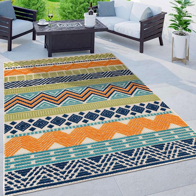 Rugshop Multi Marbella Boho Indoor/Outdoor Area Rug, Machine Washable for Patio, Porch and Dining Area 6'6" x 9'