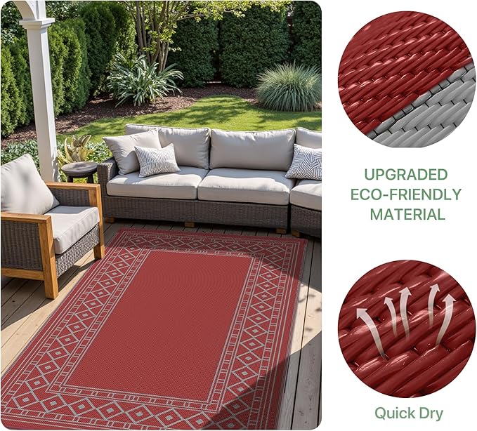 GENIMO Outdoor Rug Waterproof 5'x8' for Patio, Foldable Reversible Plastic Straw Carpet for Travel Trailers, Outside Area Mat for Rv, Deck, Picnic, Porch, Balcony, Beach, Red & Grey