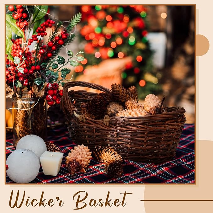 Sintuff 6 Pcs Wicker Picnic Basket with Handle Garden Harvest Empty Easter Eggs and Candy Basket Oval Willow Woven Storage for Organizing, Fruit Egg Storage Gathering Wedding Gifts(Dark Brown)