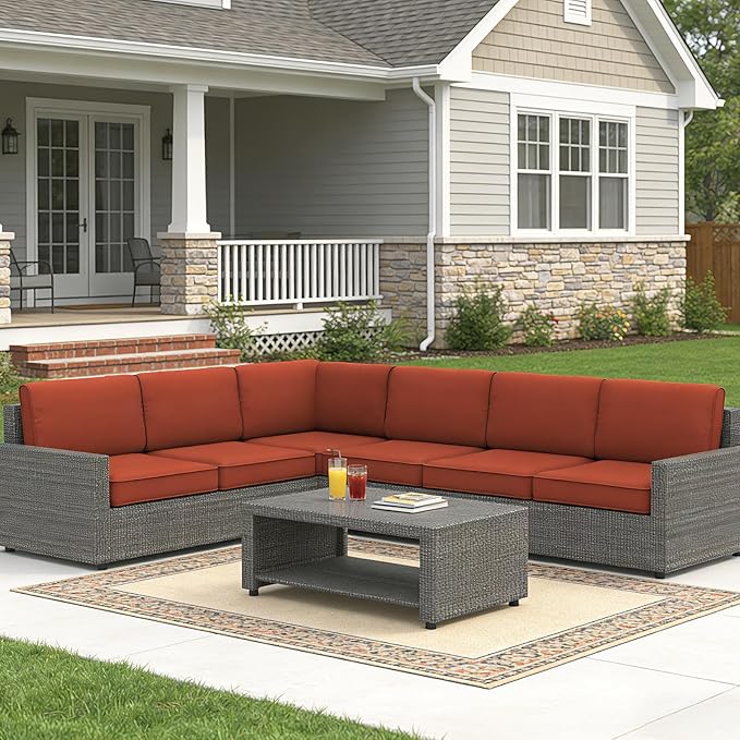 14 Pcs Outdoor Replacement Cushions for Patio Furniture, All Weather Water Resistant Cushion for 6 Seat Rattan Wicker Sectional Patio Conversation Sets and Couch (Brick Red)