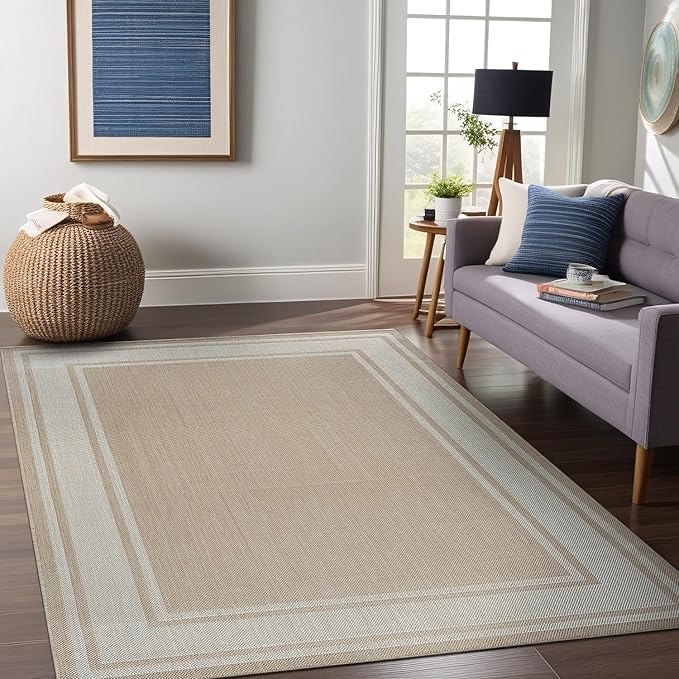 Beverly Rug Outdoor Rug 5x7 Modern Bordered Area Rugs for Indoor and Outdoor Patio Deck Porch Garden Waterproof Weather Sun Resistant Washable Outside Carpet (5 x 7 Beige)