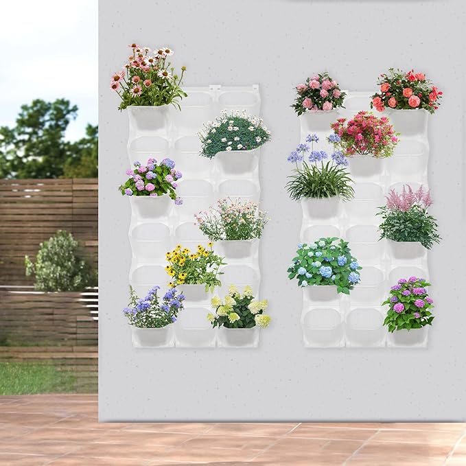 Eapmic Vertical Wall Planter with 36 Pots, Hanging Garden Plant Flowerpot Holder, Stackable Wall-Mounted Planter, Balcony Planters for Flowers Vegetables Fruits (White, 36 Pots)