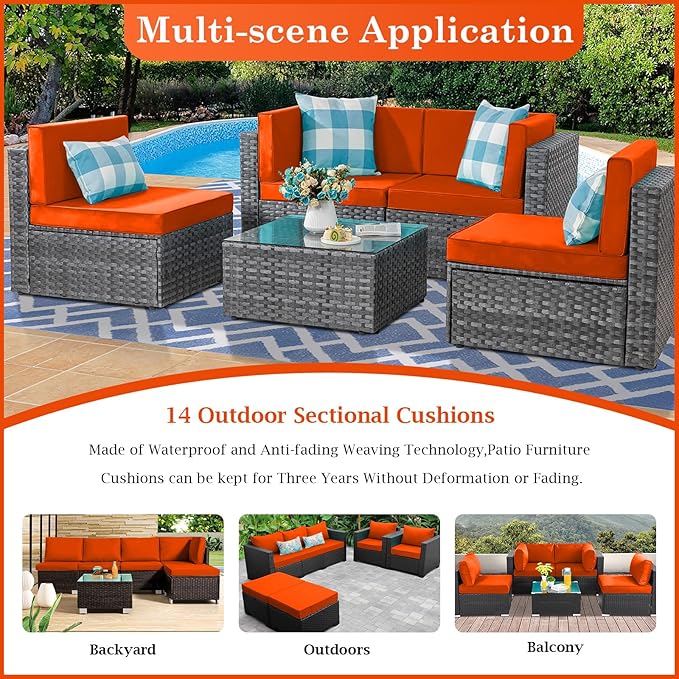 Outdoor Sectional Cushions, 4" Foam High-Density, Water-Resistant Couch Cushions Replacement Set, 14 Piece Patio Sectional Cushion for 6-Seat Sectional Patio Conversation Sets (Orange)