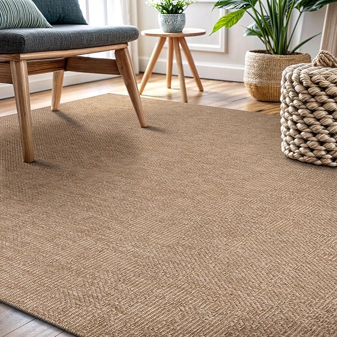 CAMILSON Easy Jute Rug 10x14, Indoor Outdoor Natural Color Fiber Area Rugs for Living Room Patio and Kitchen Rug, Solid Boho Woven Design, Easy-Cleaning, Washable Outside Carpet Alfombras (10 x 14)