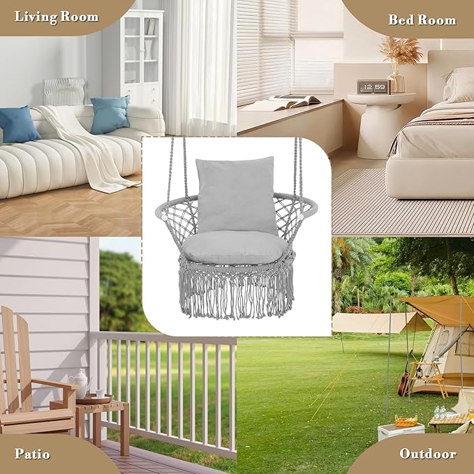 Athena Collection Hammock Swing Chair with Cushion, Outdoor Macrame Chair with Mounting Hardware, Max 350 Lbs, Large Cotton Rope Hanging Chair for Outdoor Indoor Porch Garden, Gray