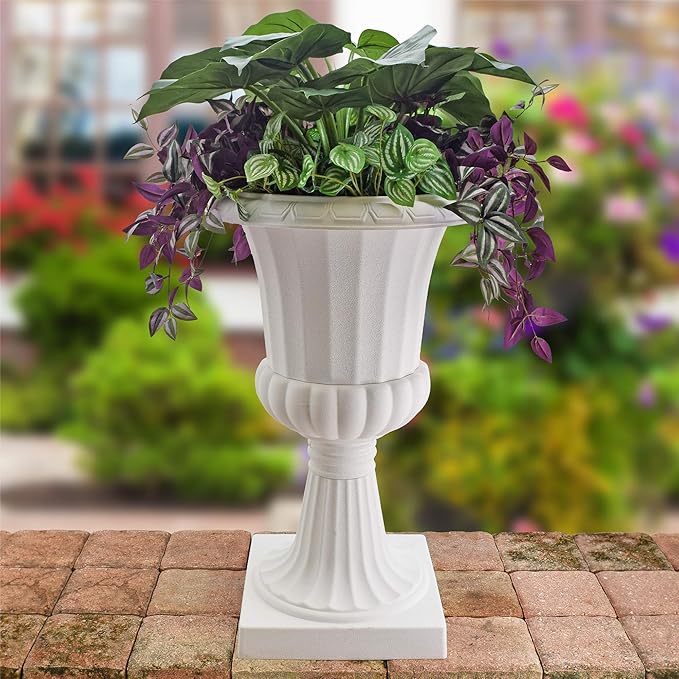 Arcadia Garden Products Plastic Garden Pedestal Urn, Set of 2 Classic Decorative Garden Pot Planter for Indoor and Outdoor Plants, 22” x 36”, White