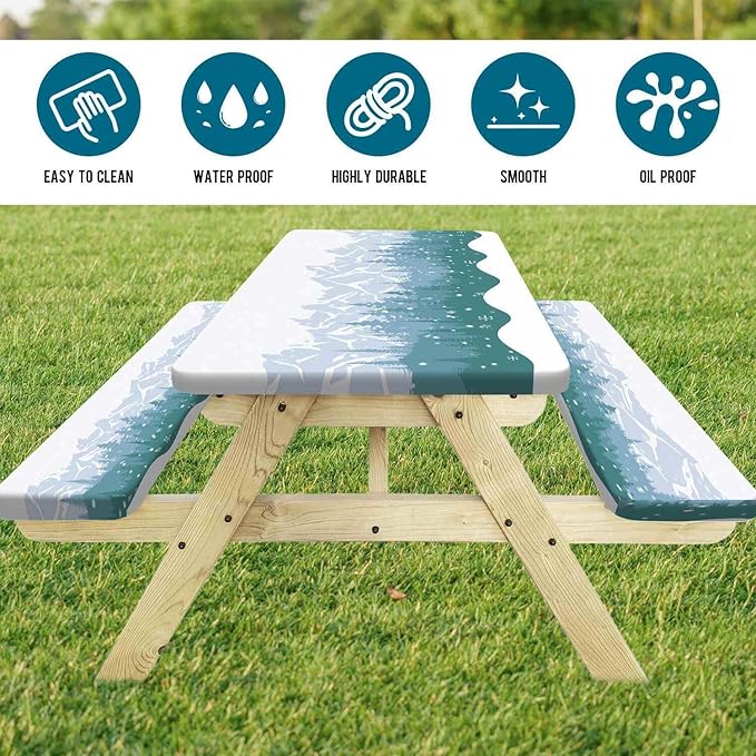 Picnic Table Cover with Bench Covers Waterproof Windproof Camping Tablecloth with Drawstring Bag, Outdoor Patio Camping Essentials, 96 Inch 3PCS, Green Blue