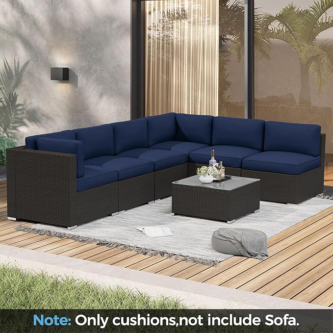 Crownland 14-Piece Outdoor Furniture Replacement Cushions, Water-Resistant Sofa Cushions for 6-Seat Rattan Wicker Sectional Patio Conversation Sets(Dark Blue)