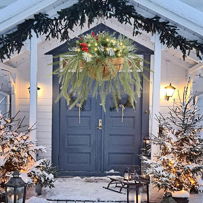 DR.DUDU Christmas Decorations Hanging Baskets, 18" Artificial Basket with Lights Timer for Outdoor Porch with Norfolk Pine Cones Berry Clusters Holiday Winter Xmas Decor for Home Front Door Yard