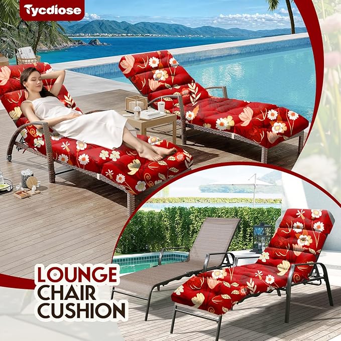All Weather Chaise Lounge Cushions Outdoor Lounge Chair Cushion, Waterproof Memory Foam Chaise Lounger Chair Cushion for Outdoor Patio Furniture with Non-Slip Back and Ties, Red Floral