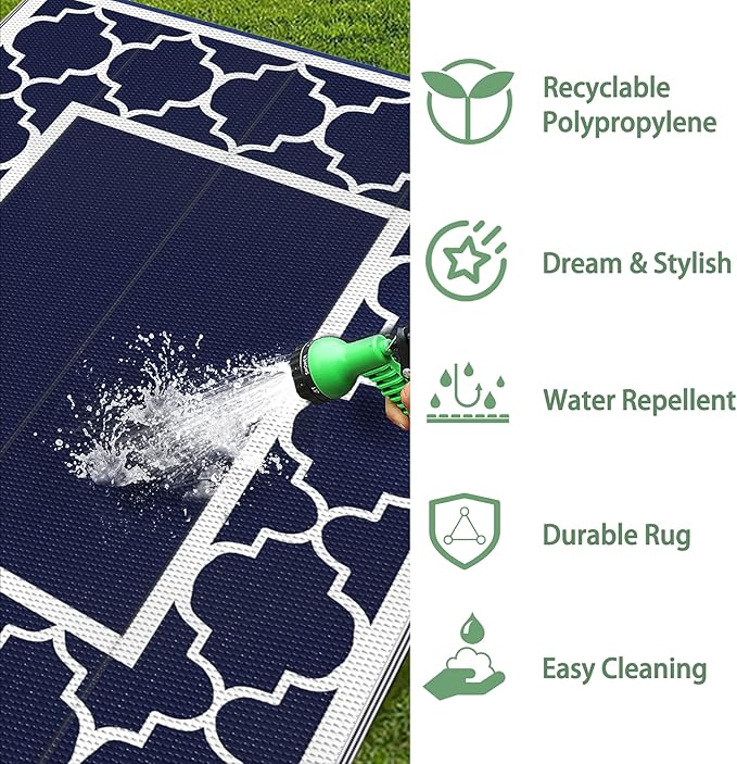 GENIMO 6' x 9' Outdoor Rug Waterproof for Patio Fall Decor, Foldable Reversible Plastic Straw Area Rugs Mat for Camper, Outside Carpet for Rv, Deck, Porch, Picnic, Beach, Balcony, Blue & White