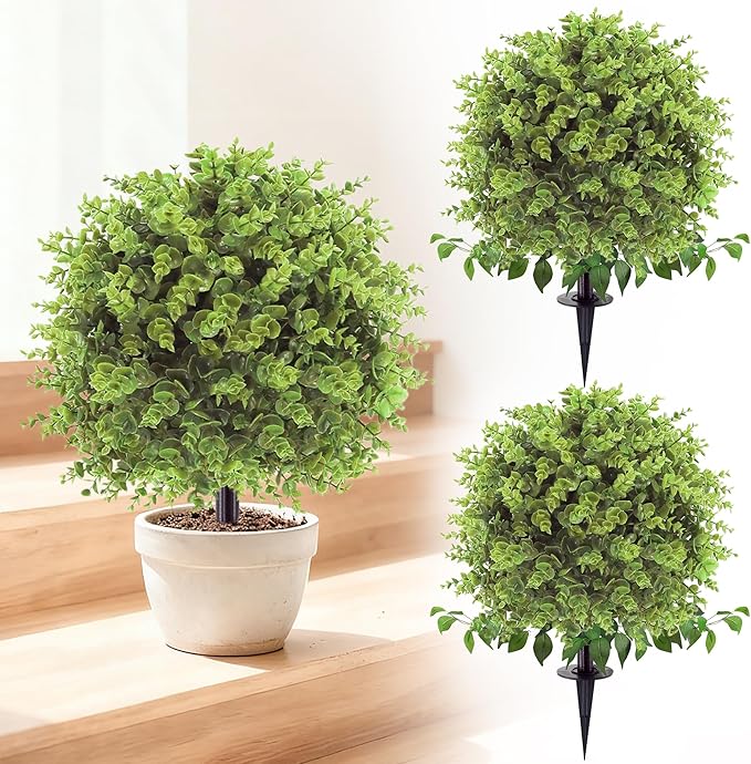 Artificial Topiary Tree with Eucalyptus, Set of 2 UV Resistant Fake Evergreen Shrubs with Ground Spike for Porch, Artificial Plants for Outdoor Indoor Garden Planters, Lifelike Decor