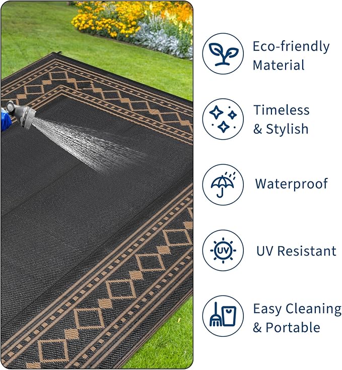 Garvee Outdoor Rug 9x12 ft, Waterproof Reversible Patio Mat, Plastic Straw Rug for RV, Camping, Deck, Balcony, Easy Clean & Portable,Terracotta/White