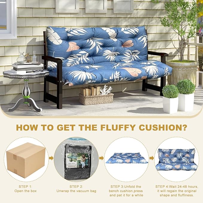 60" Porch Swing Cushion with Backrest, Waterproof Outdoor Bench Swing Cushions 3 Seater Replacement Thickened Swing Cushions with Ties for Patio Garden Backyard,Tropical Leaf,60x40in