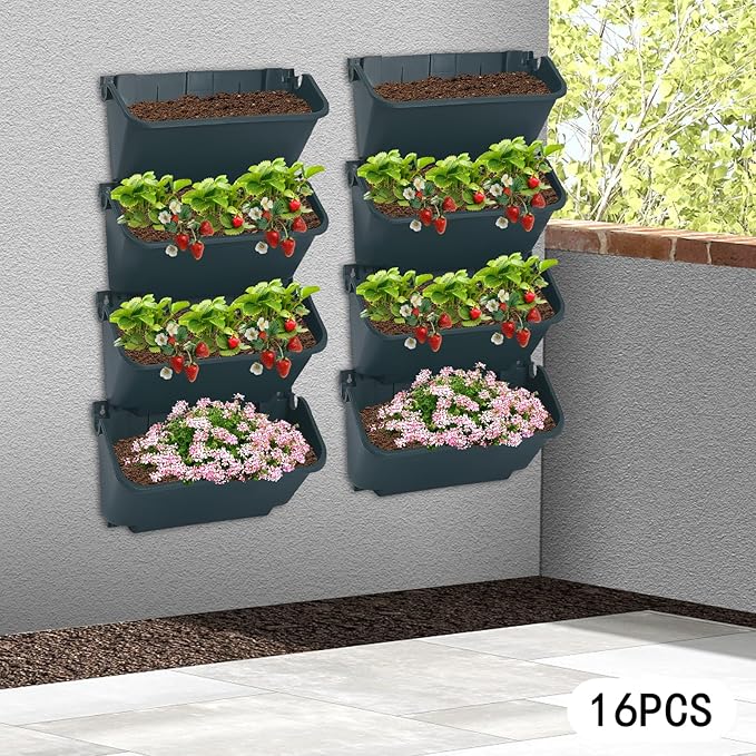 Eapmic Vertical Wall Planter with 16 Pots, Hanging Garden Plant Flowerpot Holder, Stackable Wall-Mounted Planter, Balcony Planters for Flowers Vegetables Fruits (Army Green, 16 Pots)