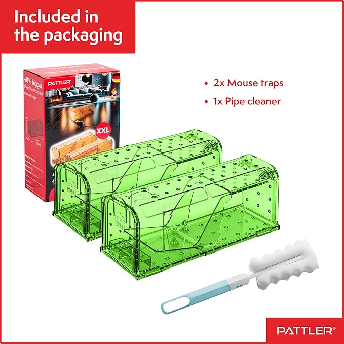 PATTLER® | Large Humane Mouse Trap for Indoor and Outdoor Home | Mechanical Reusable Live Mouse Traps Catch and Release Mice from Garden, Garage, Attic, Inn, Hotel | Green | Pack of 2