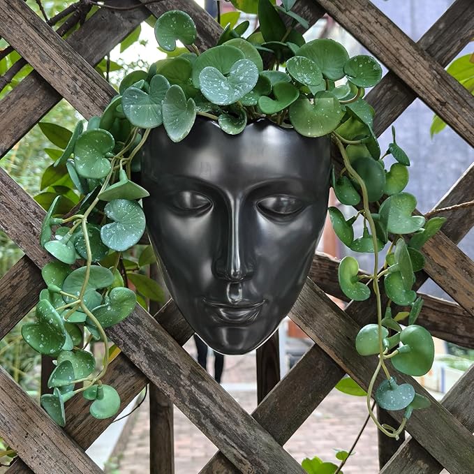 Ceramic Face Wall Planter, Black Head Vase with Drainage Hole, Modern Art Indoor Outdoor Wall Mounted Succulent Planter, Elegant Home Garden Decor