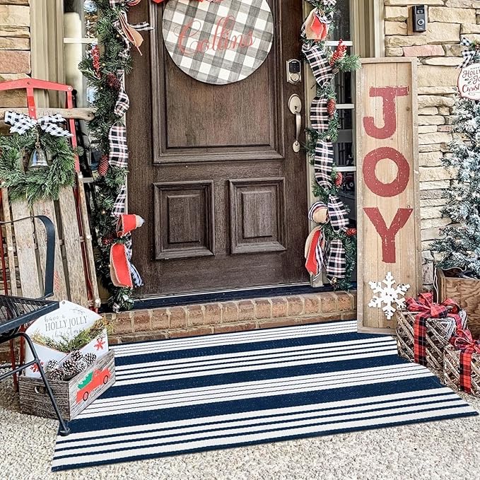 OJIA Outdoor Entryway Rug 24''x51'', Machine Washable Front Door Mats Cotton Woven Blue and White Outdoor Rugs Porch Rug Striped Kitchen Runner Indoor Door Mat for Farmhouse/Entry/Home Entrance