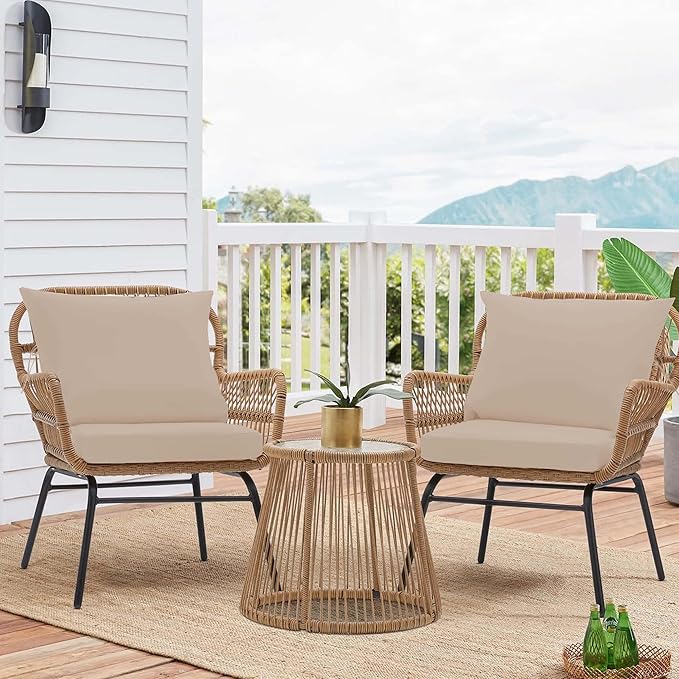 Outdoor Chair Cushions 3 Set,24 x 24 x 5IN, Patio Deep Seat Cushion for Patio Furniture, Waterproof & Fade Resistant Thick Deep Seating Pads for Outside Wicker Ratten Chair Sofa Couch,Khaki